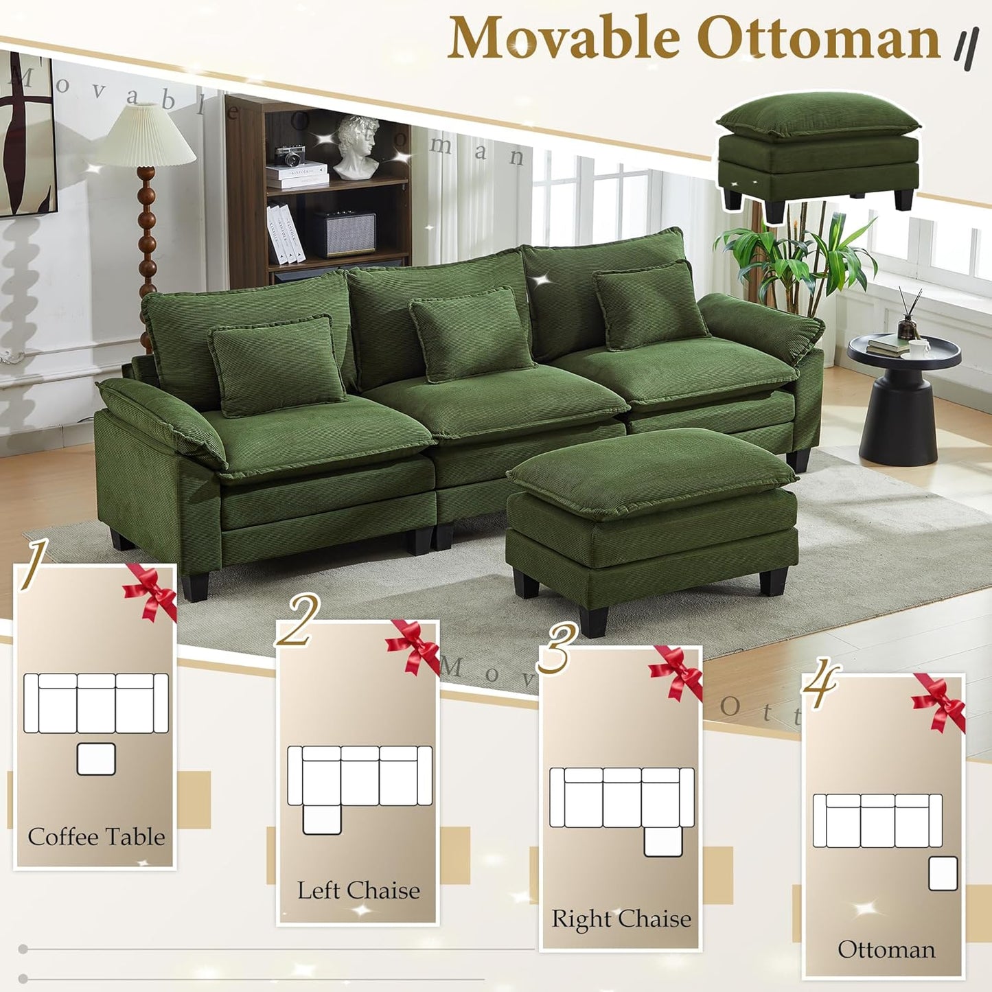 URRED Modular Sectional Sofa Comfy Cloud Couch, Modern Corduroy Sofa Sleeper Deep Seat Couches with Ottoman/Pillows for Living Room (Green, 117''- L Shape)