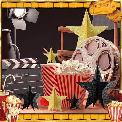 45 Pcs 3D Star Centerpieces Movie Night Decorations for Table in 3 Sizes Hanging Supplies for Red Carpet Film Show Theme Birthday New Year Party First Day of School Table Decor(Black and Gold)