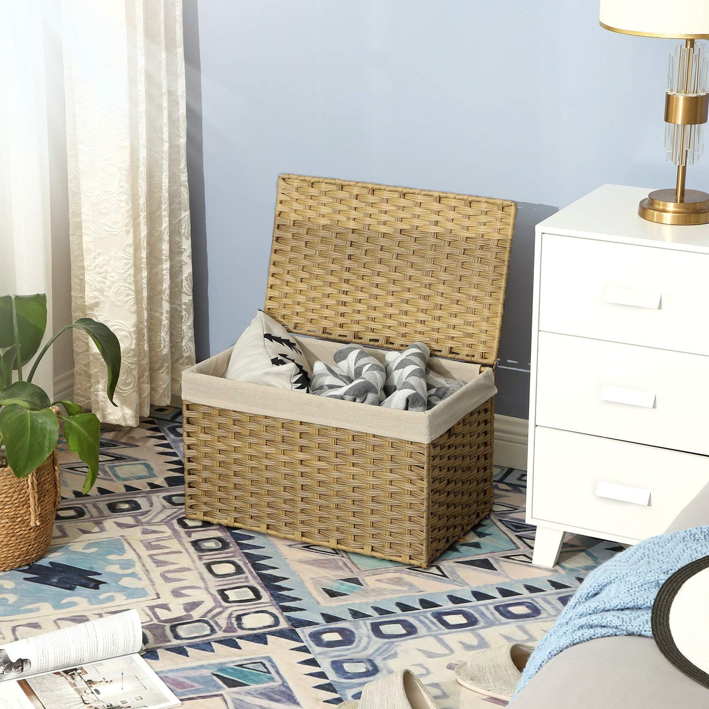 SONGMICS Storage Basket with Lid, Woven Blanket Storage Bin with Handles, Foldable, Removable