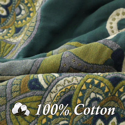 Snycler Boho Throw Blanket for Bed - 100% Cotton Ultra Soft Rustic Quilt - Green Boho Floral Printed Farmhouse Decor Bed Blankets, 60"×80" All Season Rustic Throw for Sofa Couch Chair