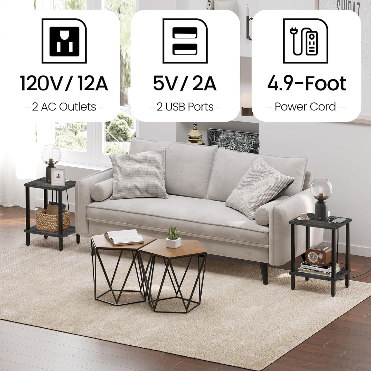 TUTOTAK End Table with Charging Station, Set of 2, Small Side Table, Nightstand Bedside Table, 2-Tier Storage Shelf for Small Space, Living Room, Bedroom Charcoal Grey TB01BY041