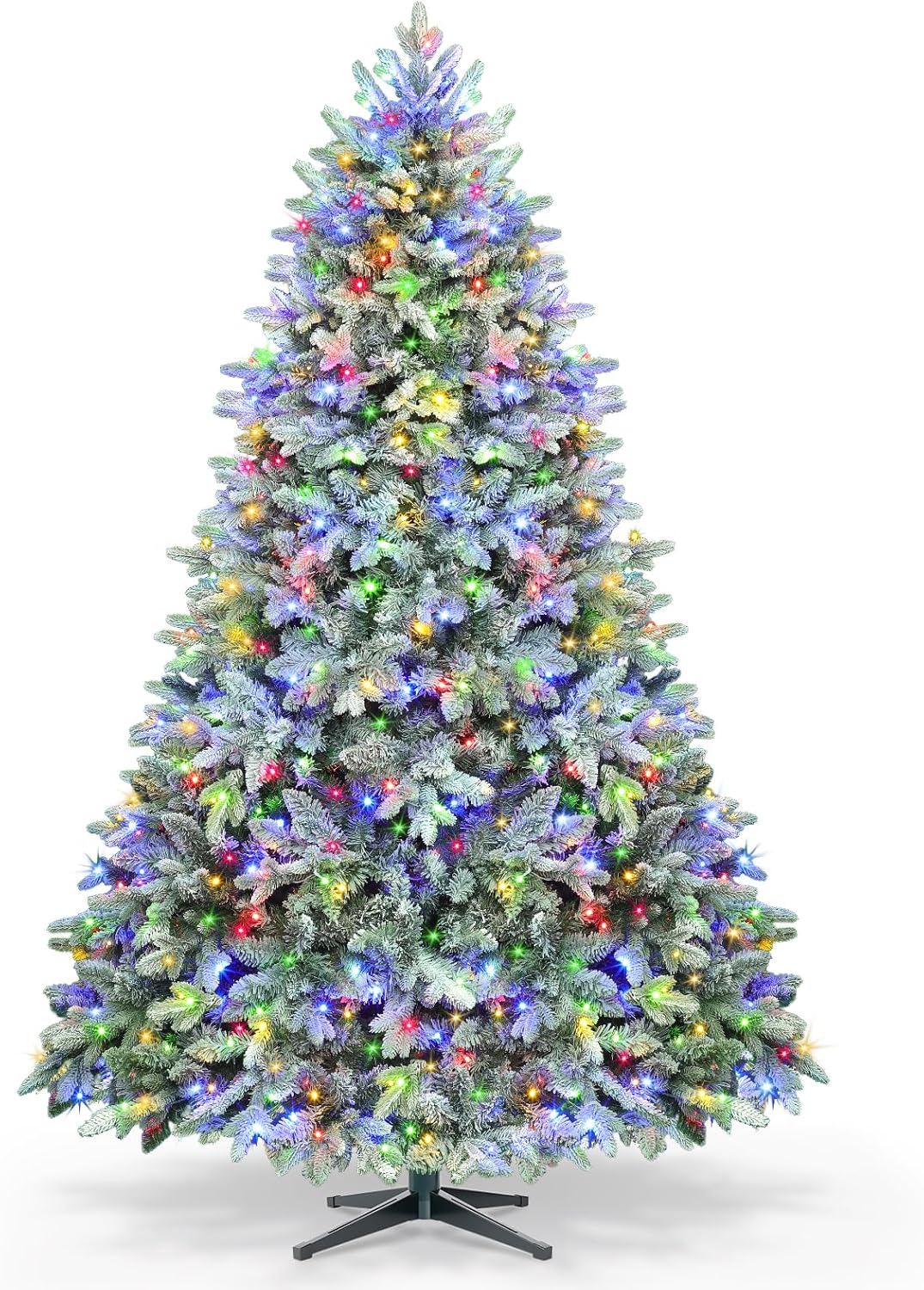 7.5ft Pre-lit Artificial Christmas Tree with Remote, Snow Flocked Xmas Trees Rotating & Foldable Stand, RGB & Warm White Light for Home Decor