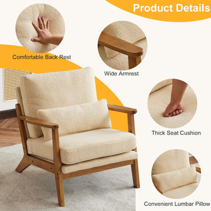 Karl home Accent Chair Wide Armrest Mid-Century Lounge Chair Teddy Fleece Armchair with Lumbar Pillow & Solid Wood Frame for Living Room, Bedroom, Balcony, Khaki