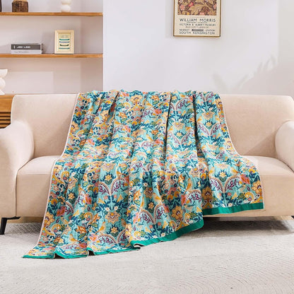 Boho Blanket Throw Quilt, 100% Cotton Soft Light Weight Throw Blankets for Summer, 60"x80" Farmhouse Flower Decorative Blankets, All Season Rustic Reversible Bohemian Throw Quilt
