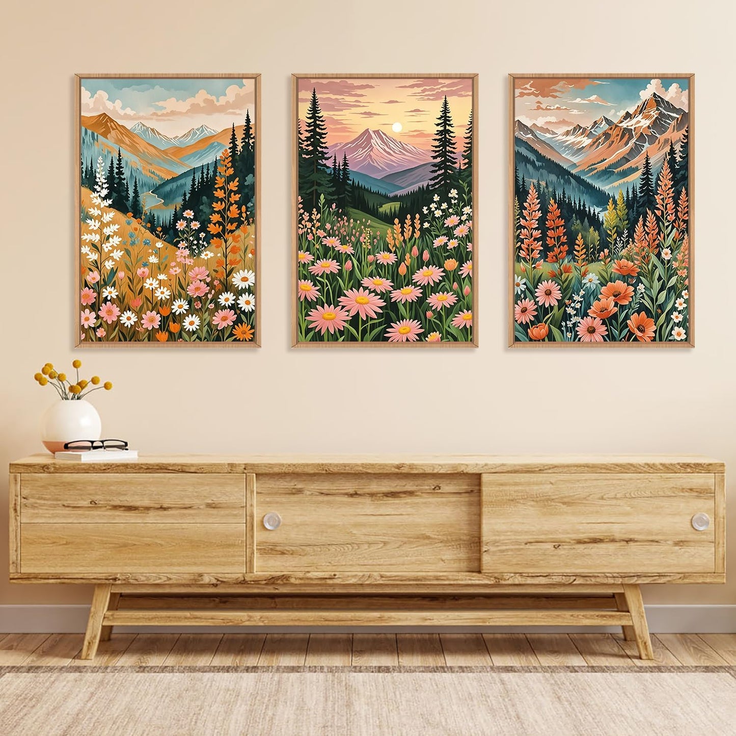 HPINUB Mountain Sunset Floral Framed Canvas Wall Art Set,Colorful Wildflower Daisy Flower Wall Decor,Boho Blossom Botanical Artwork Modern Nature Landscape Art Print for Living Room,Bedroom-16 x24 x3