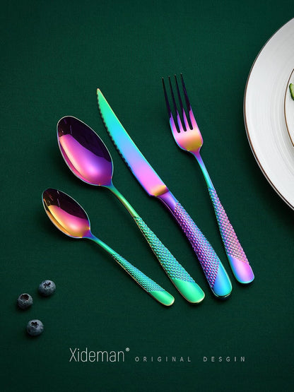 16-Piece Modern Hammered Rainbow Silverware Set with Ultra Sharp 2-IN-1 Serrated Knife, 18/10 Stainless Steel Iridescent Flatware Set Service for 4, Luxury Cutlery Set, Forks Spoons Knives Set