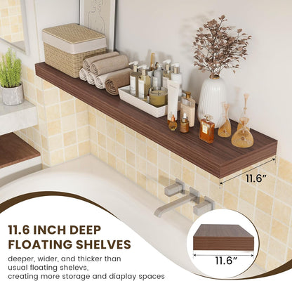 Deep Floating Shelves for Wall - 55 Inch Wide x 12 Inch Deep Wall Shelves Set of 1 - Rustic Walnut Color Wood Shelves for Living Room, Bathroom, Laundry Room, Bedroom, Kitchen, Home Office