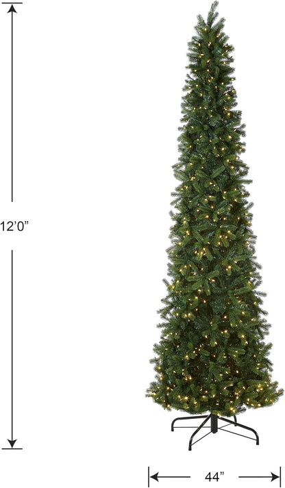 National Tree Company Pre-lit 'Feel Real' Artificial Giant Slim Downswept Christmas Tree, Green, Douglas Fir, Dual Color LED Lights, Includes PowerConnect and Stand, 12 feet