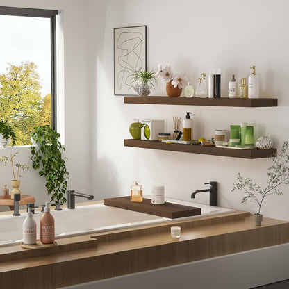 Walnut Floating Shelves for Wall 48 Inch, 8 in Deep Single Wood Shelf Floating Rustic Farmhouse Decor, Heavy Duty Shelf Hold 100 lbs, Wall Shelves for Bathroom Living Room Kitchen Bedroom Office