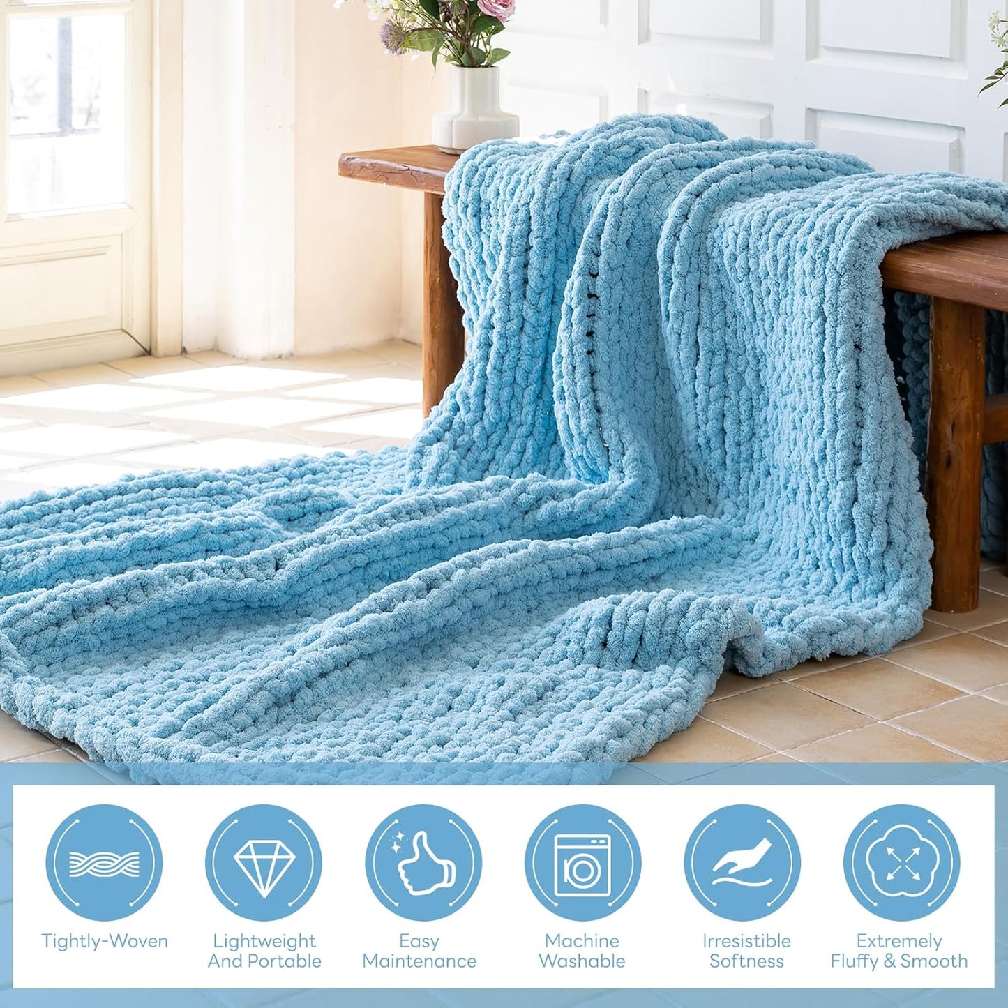 Chunky Knit Blanket - Luxury Soft Cozy 40 * 50 Throw Blanket,100% Woven Blanket Rope Knot Throw Blanket for Couch, Sofa, Home Decor, Gift - Machine Washable（Light Blue）