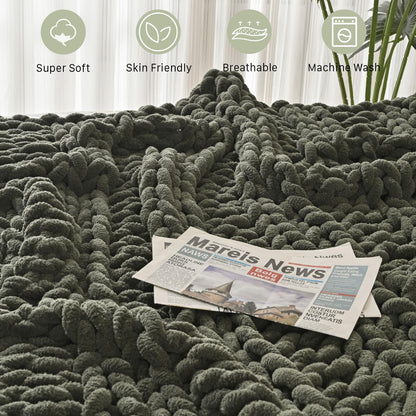 Esterra Chunky Knit Blanket Throw, 100% Handmade Chenille Throw Blanket 40"x50", Soft Thick Yarn Cable Knit Crochet Throw Blanket Rope Knot Throw for Couch Bed Sofa, Dusty Olive
