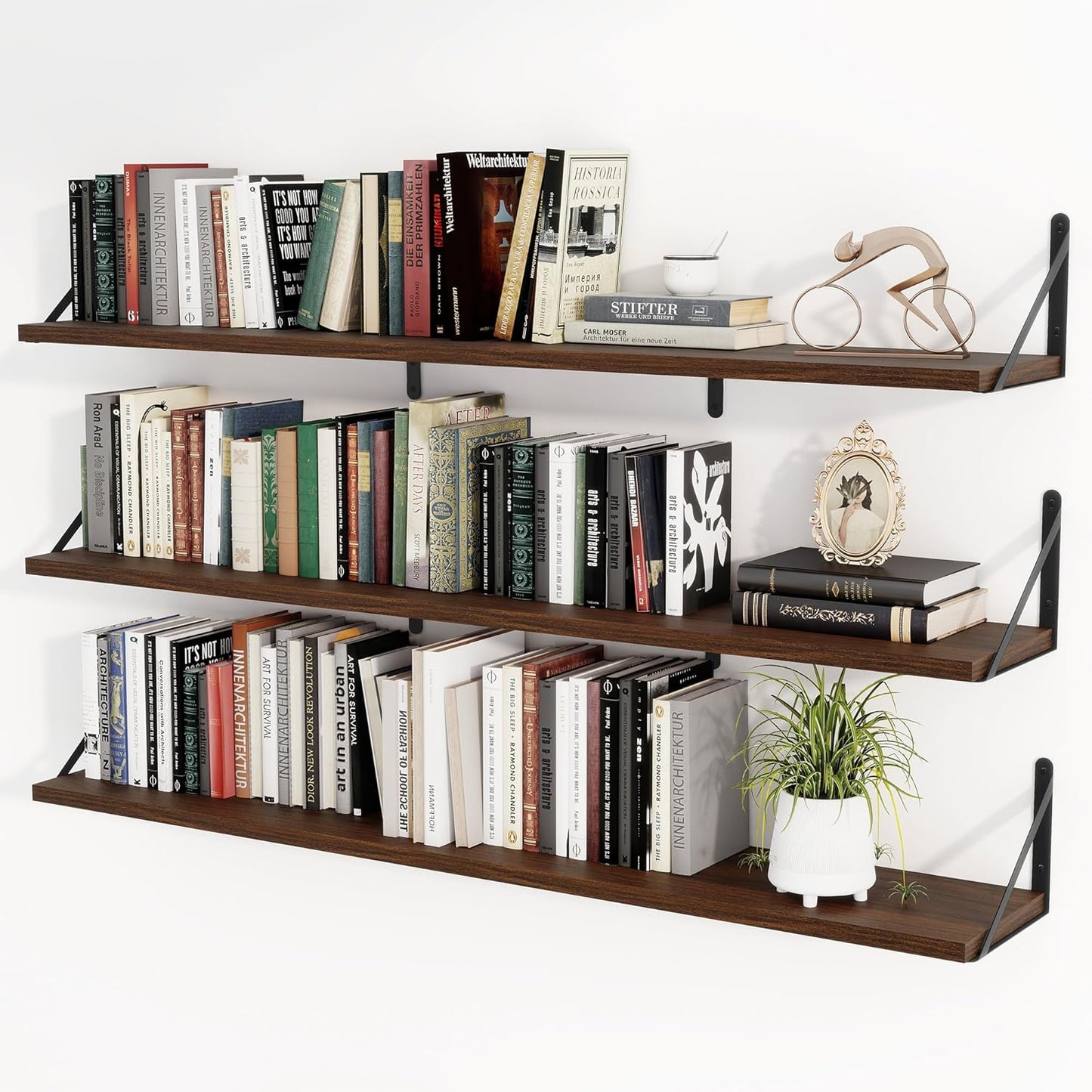 Heimlove 48 Inch Large Floating Bookshelves Set of 3,Wall Mounted Bookshelves,Heavy Duty Wooden Shelves for Living Room,Bedroom,Kitchen,Laundry Room Storage & Decor-Walnut Color