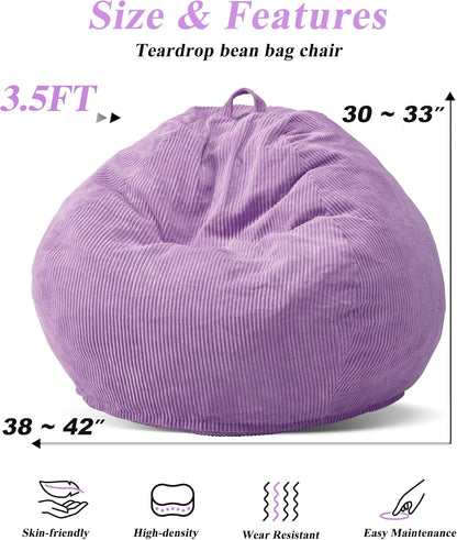 3.5FT Bean Bag Chairs Teardrop Bean Bag Chair for Adults Beanbag Chair with Memory Foam Filled Machine Washable Cover for Living Room, Bedroom (Large,Purple)
