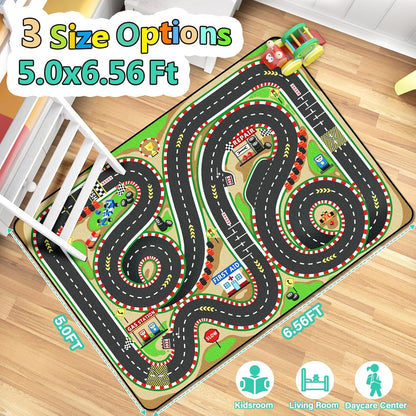 Kids Rug, Race Track Baby Play Mats, Realistic 3D Cascading Surround Route,5x7 Ft Kids Rug for Playroom, Great for Playing with Cars and Toys, Non-Slip Car Carpet