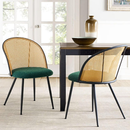 Rattan Dining Chairs Set of 2, Mid-Century Modern Kitchen Dining Room Chairs with Full Cane Backrest Armless Upholstered Farmhouse Boucle Dining Chairs with Metal Leqs for Dining Room, Green