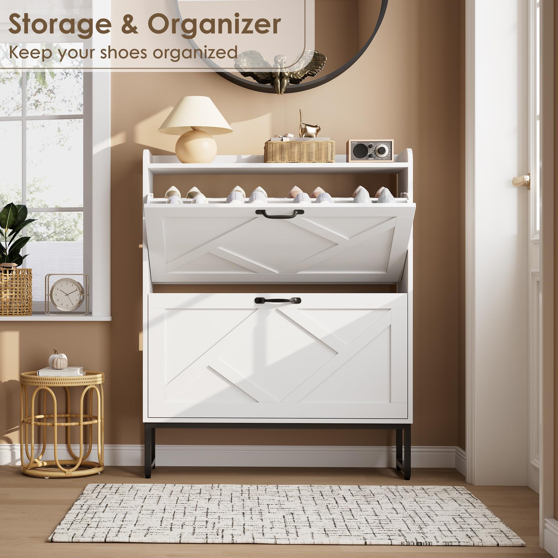 Nicetree Shoe Storage Cabinet with 2 Flip Drawers, Freestanding Shoe Organizer, Shoe Cabinet with
