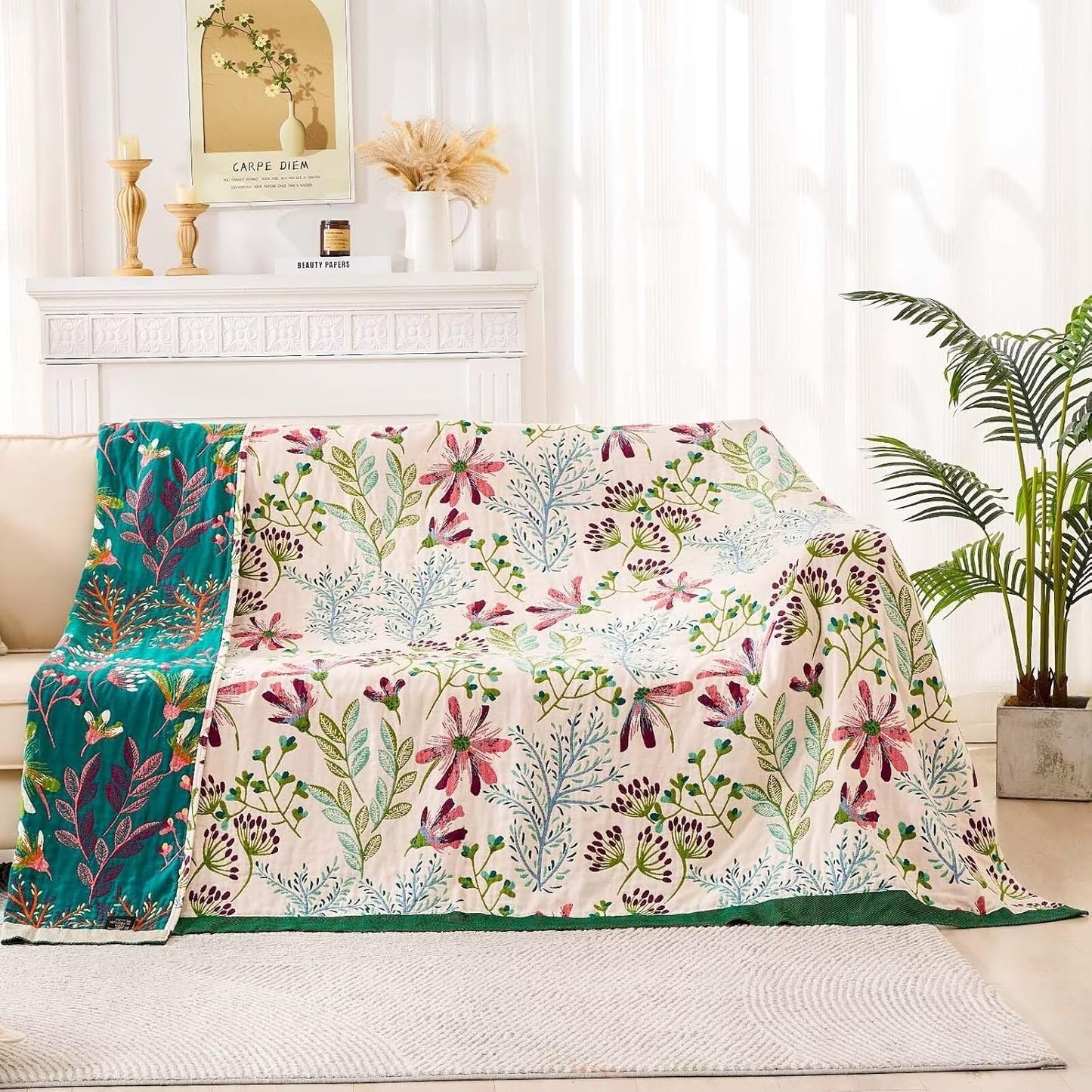 Boho Throw Blanket for Bed, 100% Cotton Soft Rustic Quilt Fall Blanket, 60"x80" Floral Printed Farmhouse Decor Bed Blankets, All Season Rustic Reversible Bohemian Throw Quilt