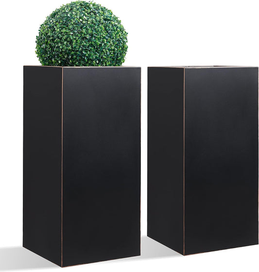 Metallic Heavy Planter for Outdoor Plants, 14Lx14Wx30H Inches, Tall Metal Planter Box with Hand Brushed Gold Edge for Outside & Indoor, 25 Pounds, No Assembly and Seamless, Set of 2 (Black)