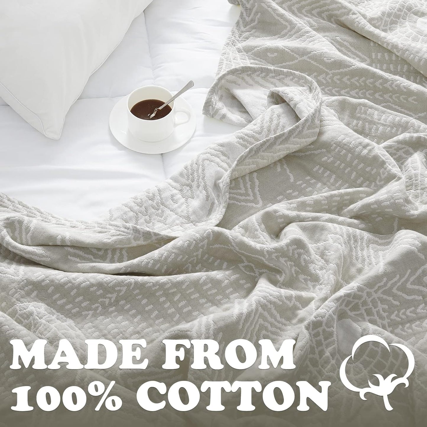 JINCHAN Boho 100% Cotton Muslin Blanket 3-Layer Twin Size Geometric Lightweight Reversible Soft Cozy Throw for Couch Sofa Bed All Season Coverlet Gift Bedroom Living Room Decor Light Grey 60x80 Inches