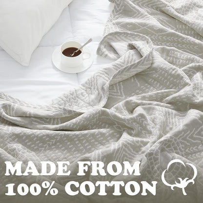 JINCHAN Boho 100% Cotton Muslin Blanket 3-Layer Queen Size 80x90 Inches Geometric Light Grey Lightweight Reversible Soft Comfy Throw for Couch Sofa Bed Coverlet Quilt Large Blanket Bedroom All Seasons