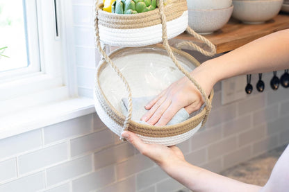 CEDAR+PINE 3-Tier Lined Hanging Fruit Basket Natural Woven Cotton with Strong Jute Rope Hanger in Gift Box Modern Hanging Basket for Kitchen