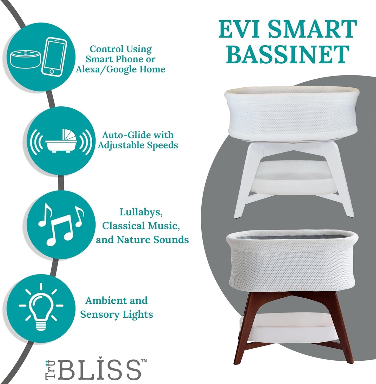 Evi Smart Baby Bassinet Beside Sleeper with Auto-Glide, Ambient Nightlight & Sensory Sounds, Compatible with Alexa and Google Home, Includes 2 Sheets (White W/White Legs)