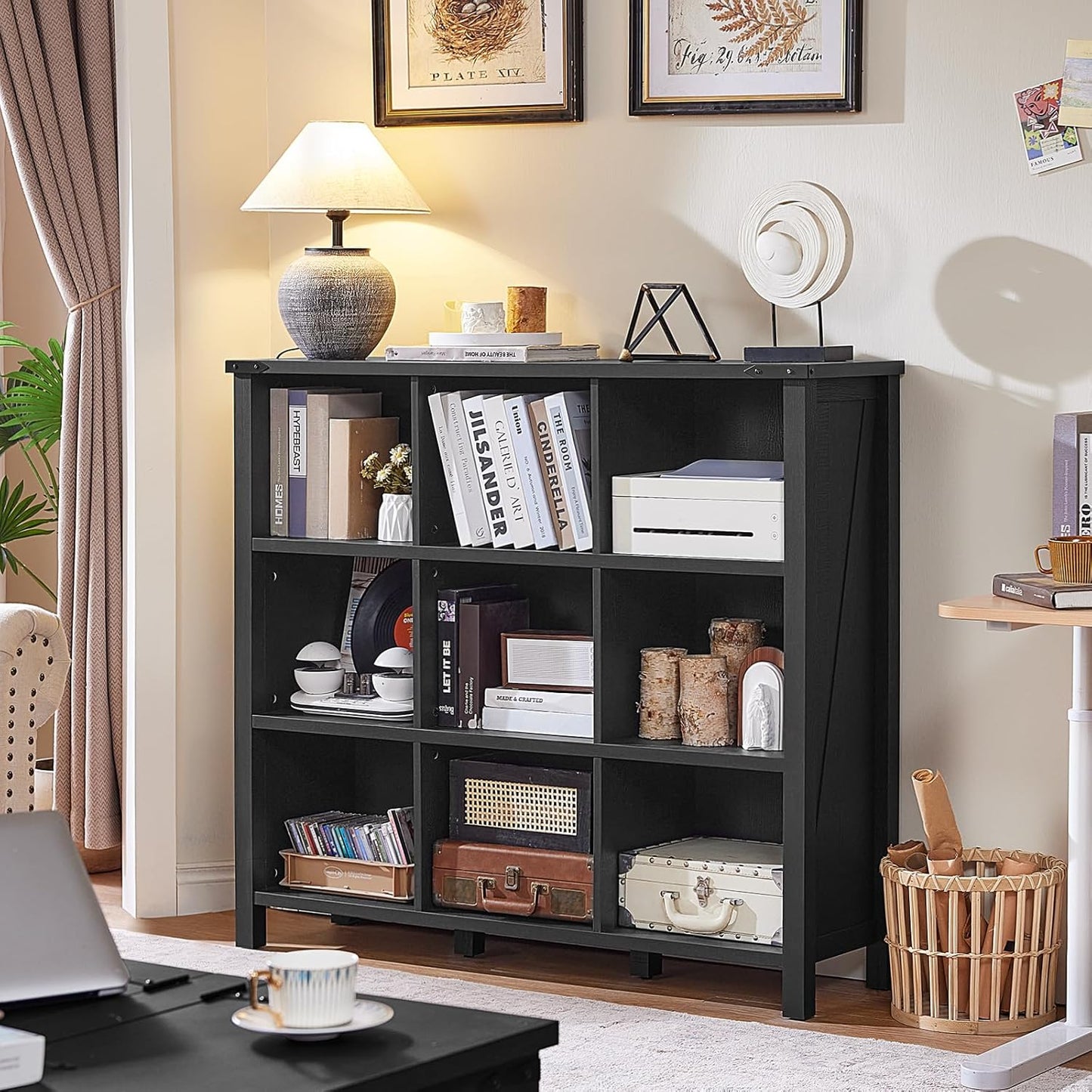 9 Cube Bookcase, Farmhouse 47 Inch Wide Black Bookshelf, Wooden 3 Tier Display Large Open Book Shelf, Vintage Horizontal Book Case for Home Office, Cubby Storage Cabinet for Living Room