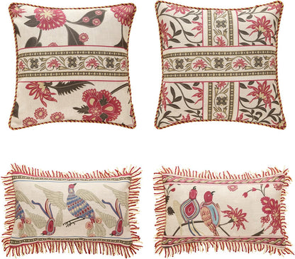 patdrea Designer Throw Pillow Covers Set of 4,Vintage Red Linen Pillowcases with Flower and Birds Pattern Pillows Cover for Couch,Farmhouse Decorative Cushion for Bed Living Room Outdoor Car