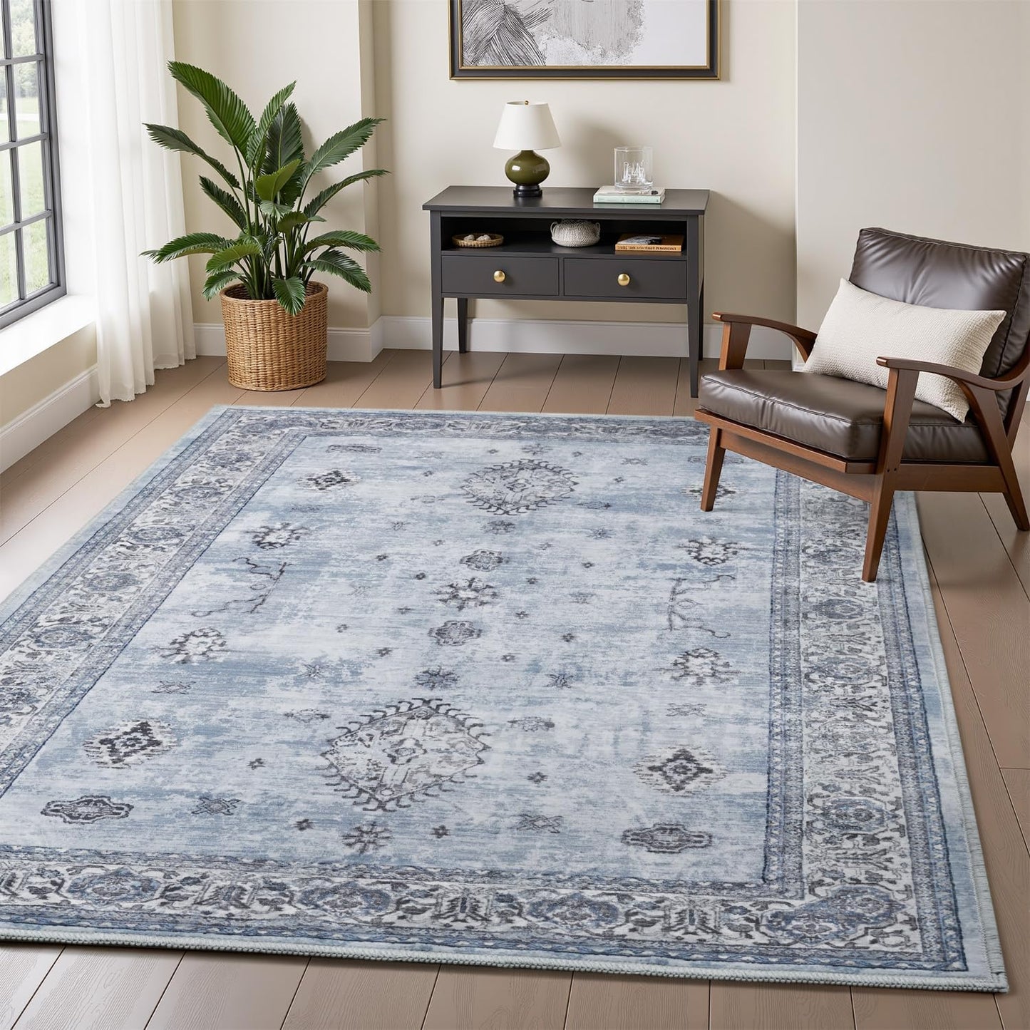 AMOAMI-Vintage Area Rug 3x5 Blue Rugs for Living Room-Soft Washable Rug Non Slip Entryway Rug Indoor Vintage Throw Accent for Bedroom Laundry Room Dining Bathroom Bedside