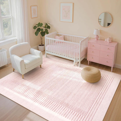 Wonnitar Washable Striped Living Room Area Rug 5x7, Non-Slip Berber Stripe Pink Area Rugs for Bedroom Girls, Low Pile Soft Large Throw Carpet for Kids Nursery Room (Pink,5' x 7')