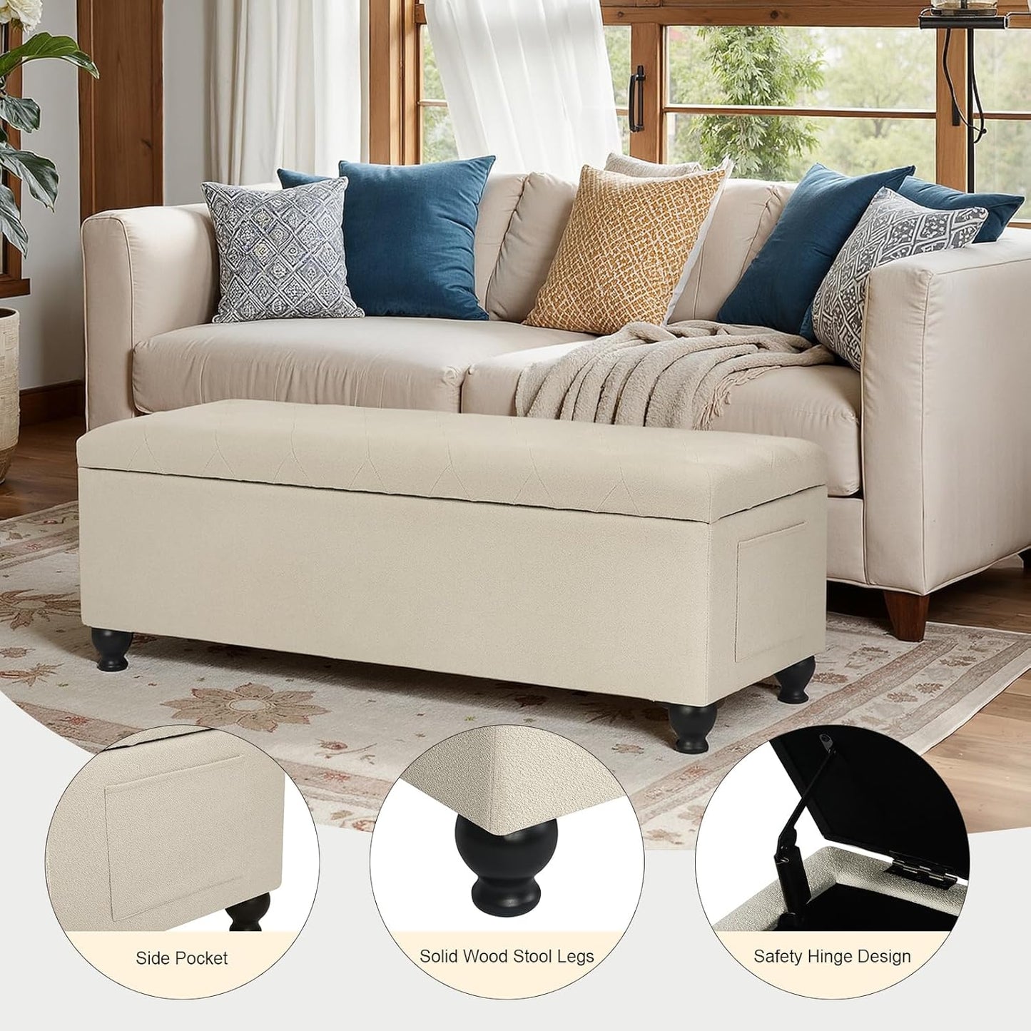 Storage Ottoman Bench 46 Inch Ottoman Bench with Storage Fabric Tufted Benches for End of Bed, Upholstered Ottomans Benches King Size with Hinged Lid for Living Room Bedroom Beige