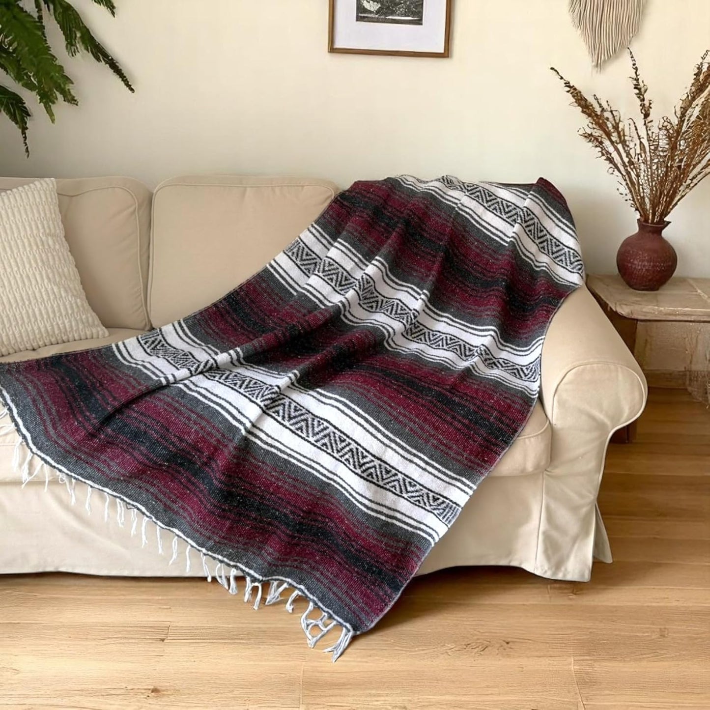 Traditional Handwoven Mexican Blanket, Large Falsa Serape - Soft & Durable - Vibrant Beach, Picnic, Yoga & Camping Mat - Lightweight Boho Throw 70"x50" (Rust)
