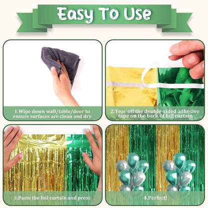 3 Pack 3.3 x 8.2 ft Green and Gold Foil Fringe Backdrop Curtains, Tinsel Streamers Party Decorations, Fringe Backdrop, Door Shimmer for Graduation or Birthday Party