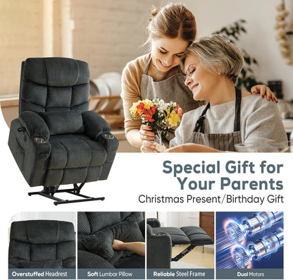 Oversized Dual Motor Lay Flat Power Lift Recliner Chair with Massage, Heating, Lumbar Pillow, USB & Type-C Ports, Textile Lift Chair Recliner, Large Recliner for Big & Elderly People - Grey