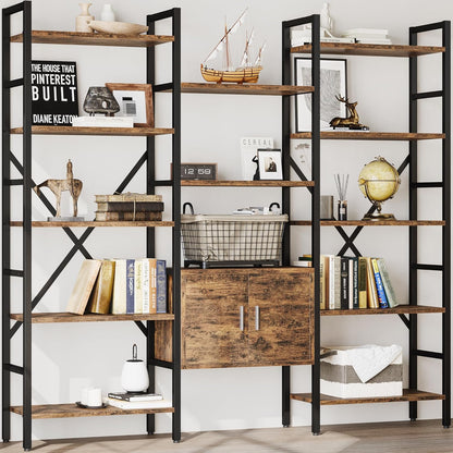 70 x70" Triple 5 Tier Book Shelf, Industrial Large Bookcase with Storage Cabinet, Tall Bookshelf with 14 Open Display Shelves Metal Frame Furniture for Living Room Bedroom Home Office Rustic Brown