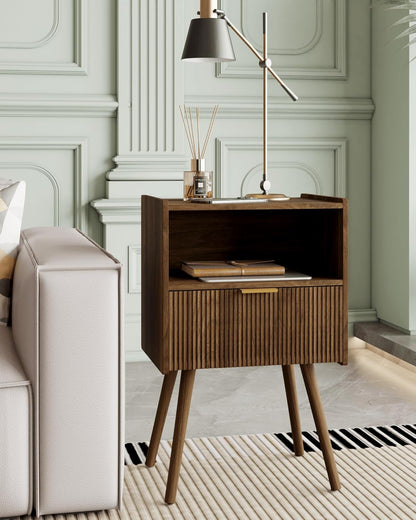 Nightstand,Modern Bedside Table with Storage Drawer and Open Wood Shelf, Accent Night Stand with Solid Wood Legs for Living Room, Bedroom and Small Spaces,Easy Assembly (Walnut Brown)