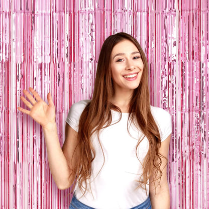 3 Pack 3.3 x 8.2 ft Light Pink Foil Fringe Backdrop Curtains, Tinsel Streamers Birthday Party Decorations, Fringe Backdrop for Graduation, Baby Shower, Gender Reveal, Disco Party