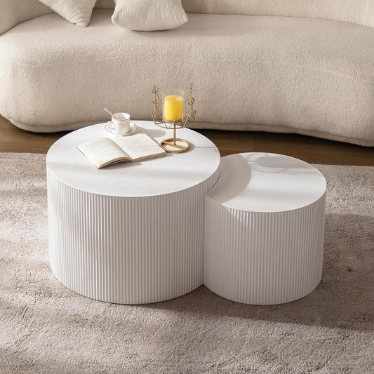 Round Nesting Coffee Table Modern White Fluted Coffee Table Set of 2 Stripe Round Coffee Tables