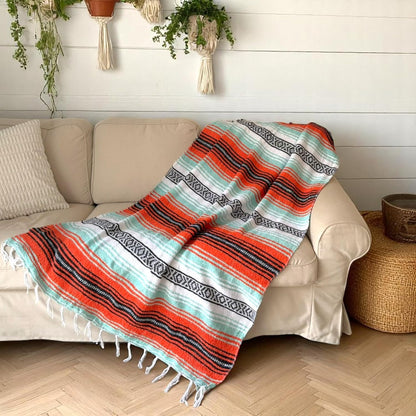 Traditional Handwoven Mexican Blanket, Large Falsa Serape - Soft & Durable - Vibrant Beach, Picnic, Yoga & Camping Mat - Lightweight Boho Throw 70"x50" (Sunset)