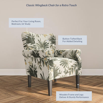 BELLEZE Modern Accent Chair for Living Room, High Back Floral Armchair with Wooden Legs, Upholstered Wingback Side Chair Padded Armrest Single Sofa for Living Room, Bedroom - Allston (Green Floral)
