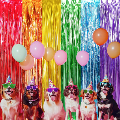 GOER 6.5 ft x 8.2 ft Metallic Tinsel Foil Fringe Curtains,Pack of 2 Party Streamer Backdrop for Birthday,Graduation Decorations and New Year Eve (Rainbow Colors)