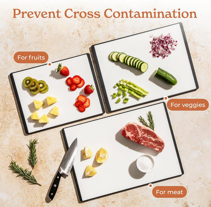 SMIRLY Plastic Cutting Board Set with Holder 3 Pieces, Non-Slip Dishwasher Safe Chopping Boards for Kitchen, Black & White