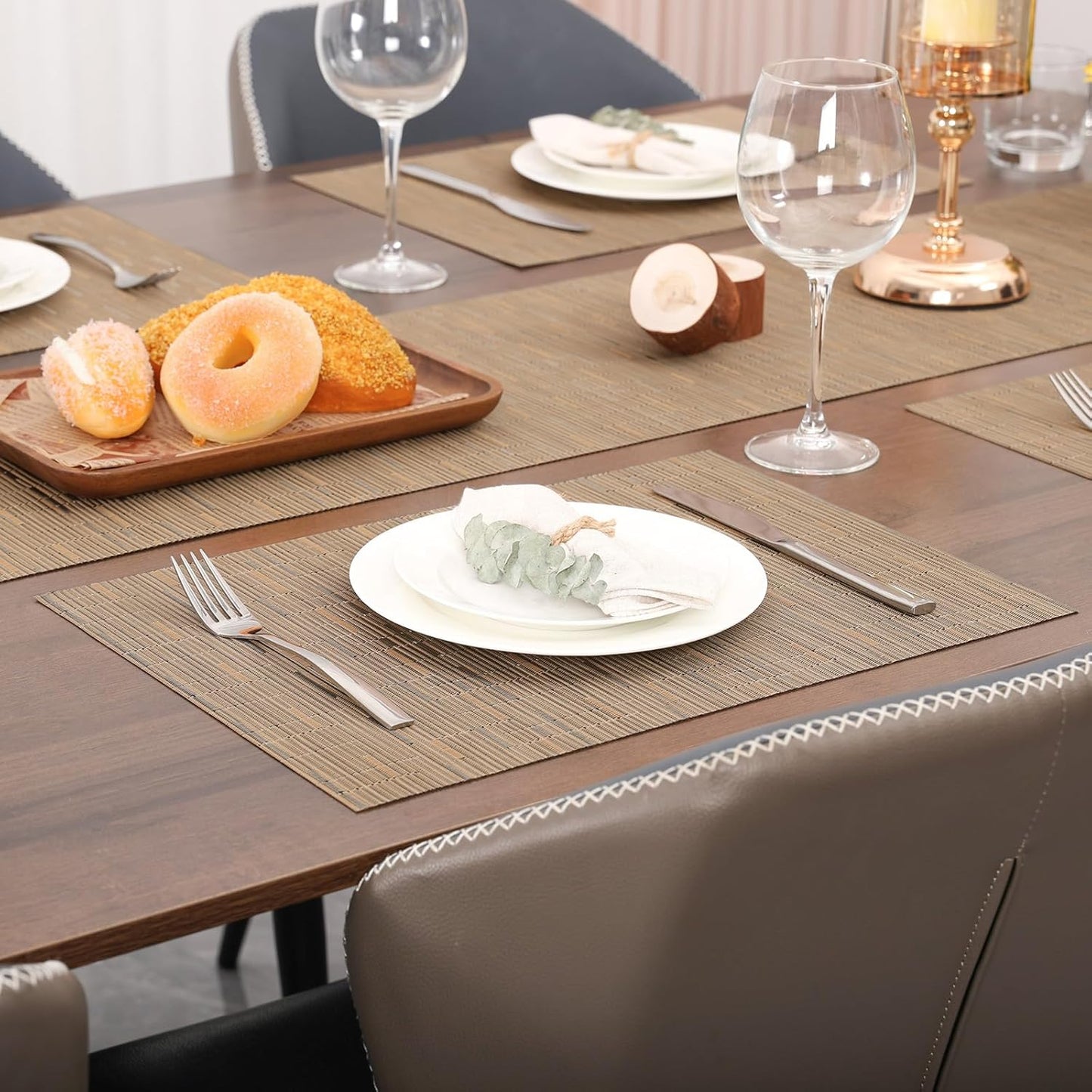 Myir JUN Placemats Set of 6, Vinyl Woven Placemats Place Mats Indoor Washable Table Mats Non-Slip Place mats for Dining Table (Light Brown, Set of 6)