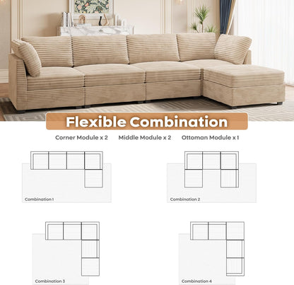 ovios Sectional Sofa Couch with L-Shape Chaise Ottoman, Comfy Modular Cloud Couches with Deep Seat, Modern Upholstered Plush Corduroy Sofas Set for Living Room, 5-Seater, Beige