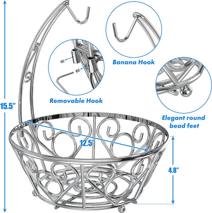 Simple Houseware Fruit Basket Bowl with Banana Tree Hanger, Chrome Finish