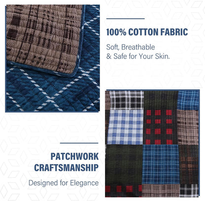 NEWLAKE Quilt Set Queen Size, Cotton Patchwork Blue Black Checkered Patterns Quilt Sets, Reversible Bedspread Lightweight and Breathable for All Seasons, Soft Quilted Bedspread with 2 Pillow Shams