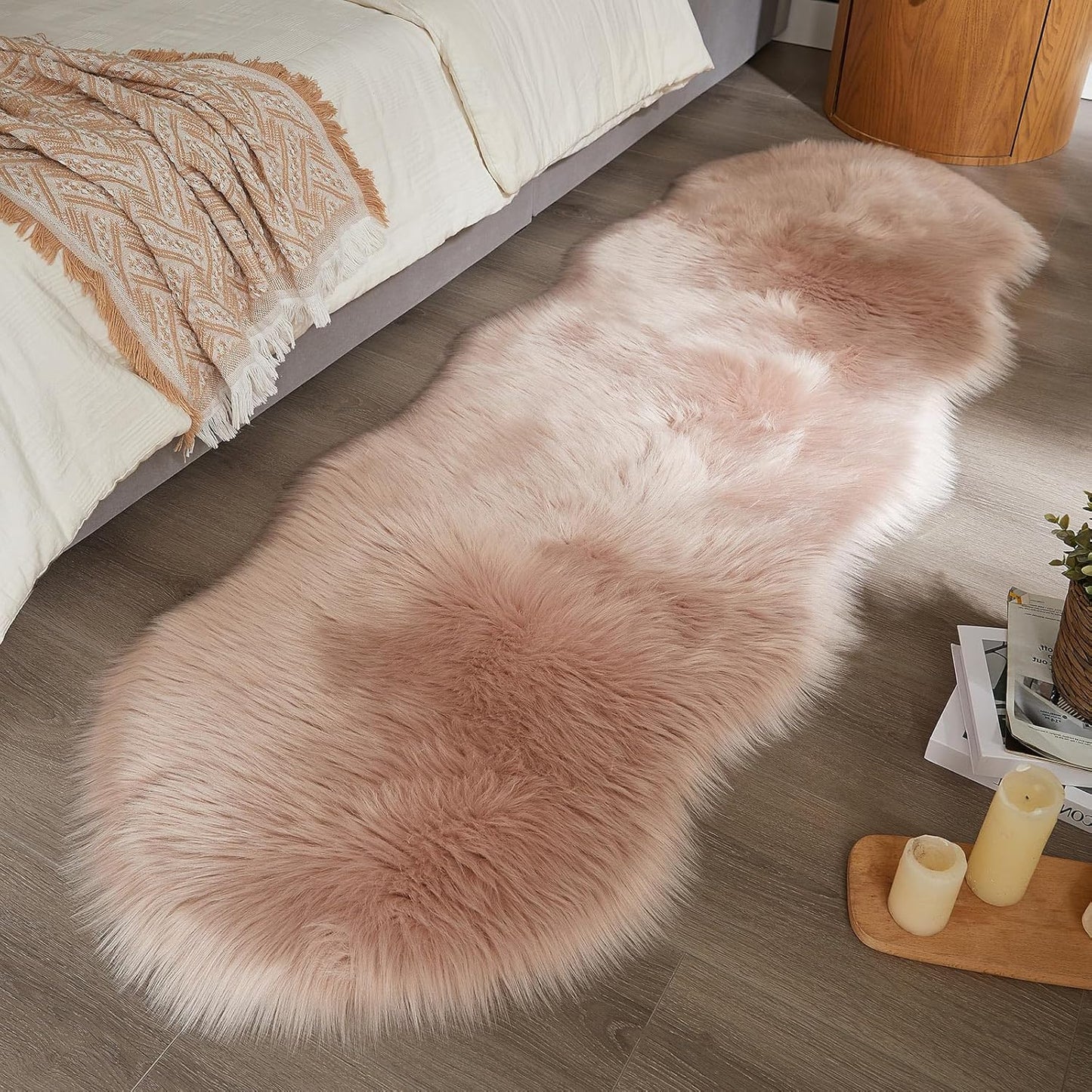 AMTOVO Faux Sheepskin Rug, Pink Ultra Soft Fluffy Shag Area Rug, 2 x 6 ft Faux Fur Rug for Bedroom Sofa Throw Cushion Room Decor, Sheepskin
