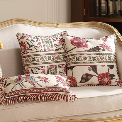 patdrea Designer Throw Pillow Covers Set of 4,Vintage Red Linen Pillowcases with Flower and Birds Pattern Pillows Cover for Couch,Farmhouse Decorative Cushion for Bed Living Room Outdoor Car