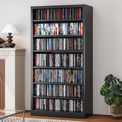 Metal DVD Storage Cabinets, 7-Tier CD Storage Rack with Adjustable Shelves, DVD Organizer Shelf, Media Shelves for CD Holder, Books, Games, Black Book Shelf for Living Room & Home Office (Black)