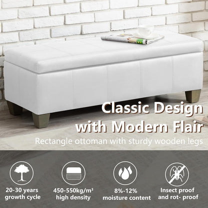 51 Inch Faux Leather Ottoman with Storage, End of Bed Bench with Large Storage, Rectangular Extra Long Bench for Bedroom and Living Room, White